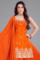 Close-up of Gota work and floral print on Orange Chinon Chiffon Palazzo Suit