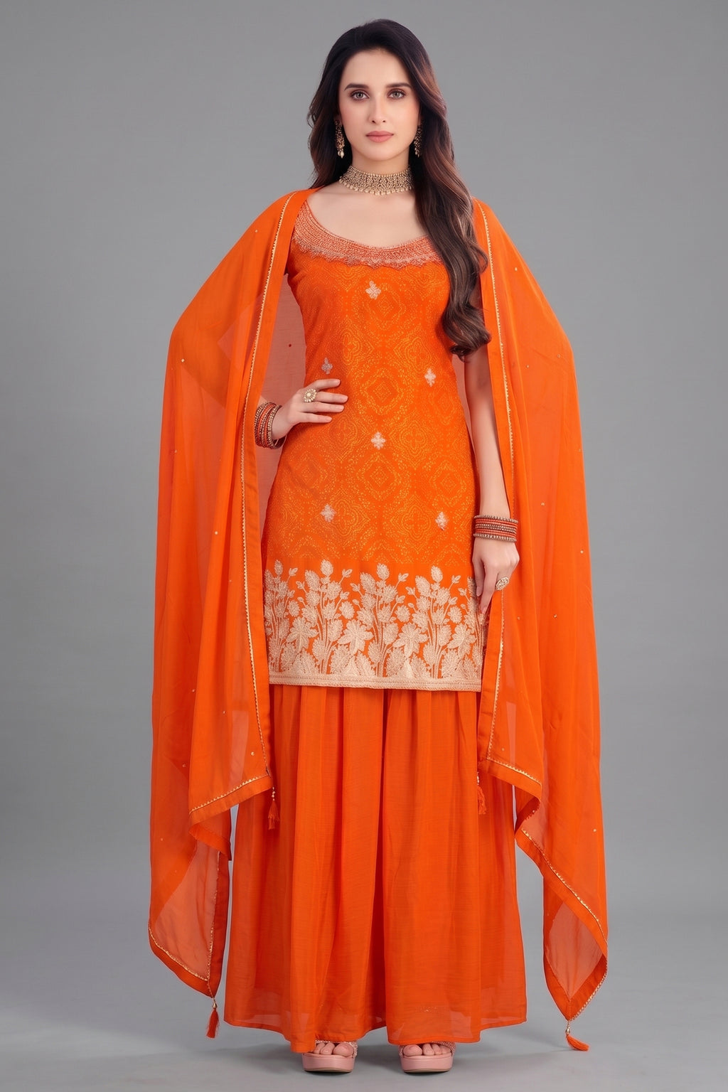 Orange Chinon Chiffon Printed Palazzo Suit with Gota Work - Full Front View