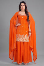 Orange Chinon Chiffon Printed Palazzo Suit with Gota Work - Full Front View