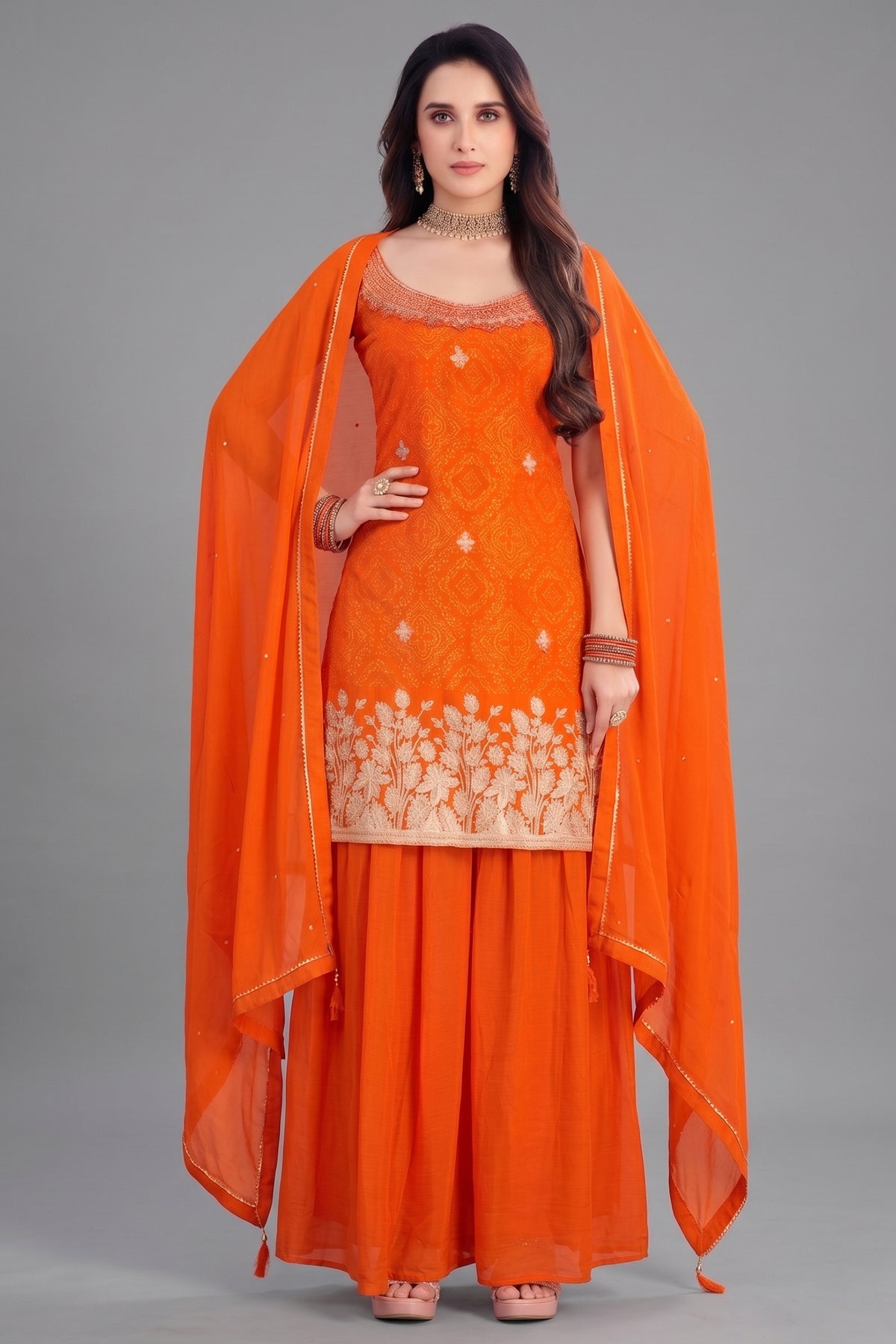 Orange Chinon Chiffon Printed Palazzo Suit with Gota Work - Full Front View
