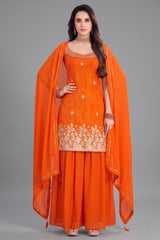 Orange Chinon Chiffon Printed Palazzo Suit with Gota Work - Full Front View