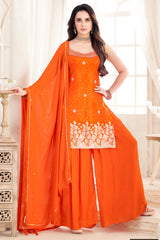 Designer Orange Chinon Chiffon Palazzo Suit with dupatta for festive wear