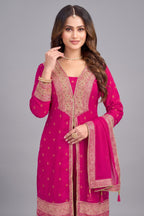 Close-up of Rani Pink Georgette Slit Cut Suit showing intricate embroidery and fabric texture