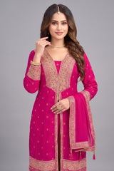 Close-up of Rani Pink Georgette Slit Cut Suit showing intricate embroidery and fabric texture