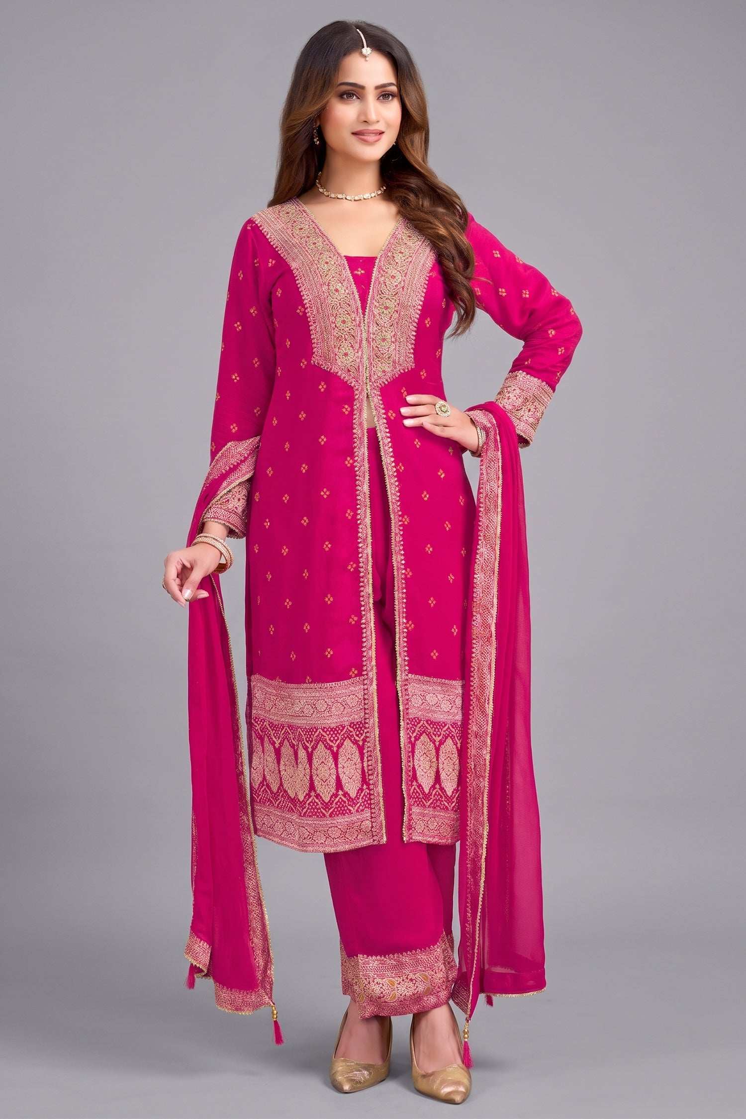 Rani Pink Georgette Slit Cut Suit with Mirror Work - Front View