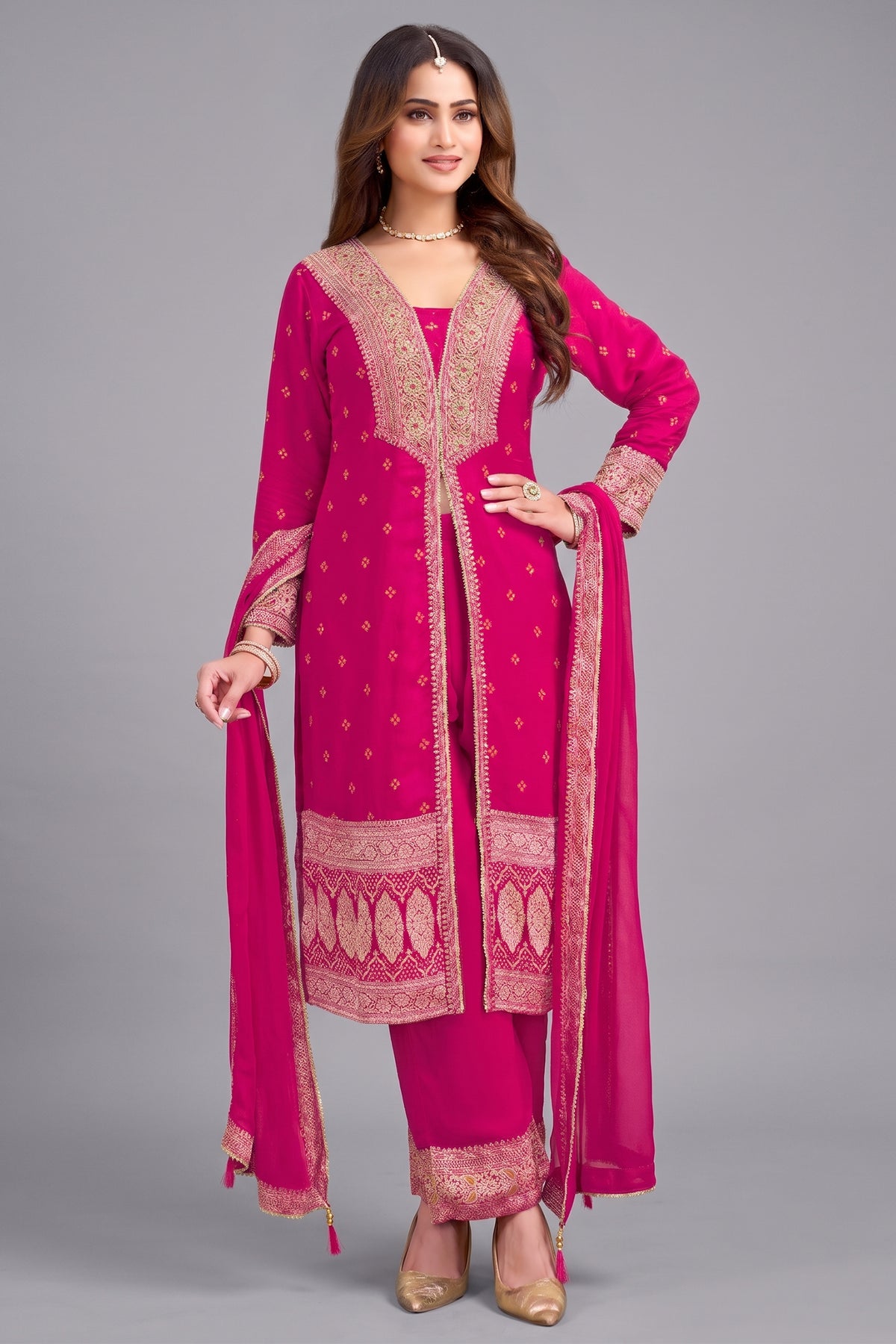 Rani Pink Georgette Slit Cut Suit with Mirror Work - Front View