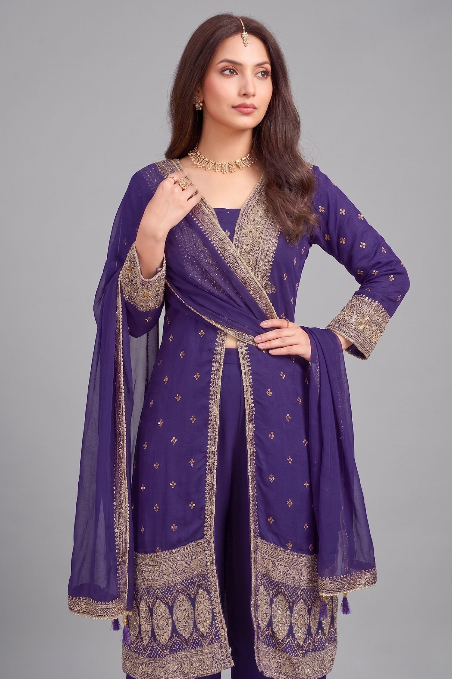 Close-up of Purple Georgette Slit Cut Suit showing neckline and fabric detail