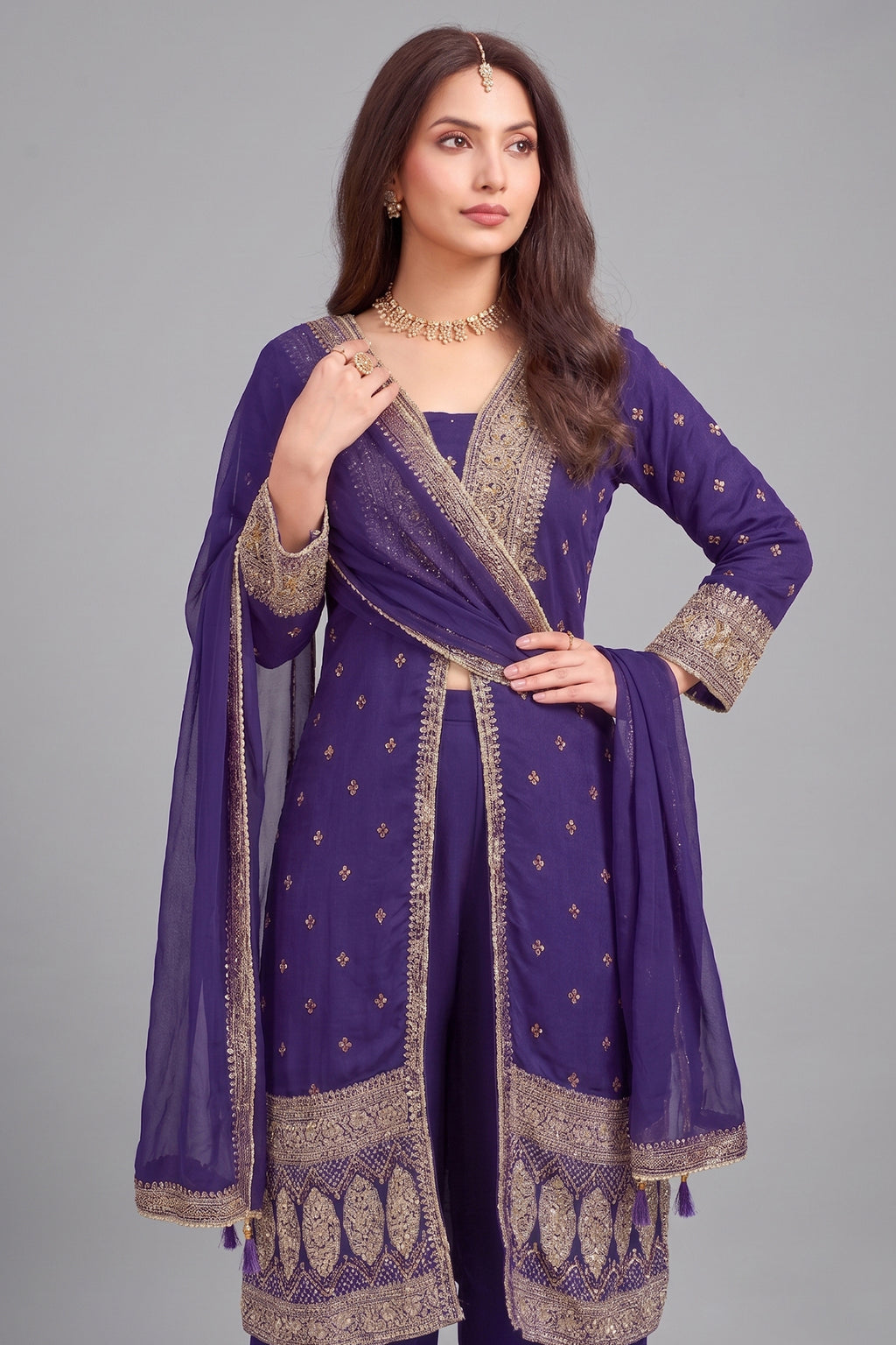 Close-up of Purple Georgette Slit Cut Suit showing neckline and fabric detail