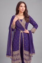 Close-up of Purple Georgette Slit Cut Suit showing neckline and fabric detail