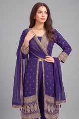 Close-up of Purple Georgette Slit Cut Suit showing neckline and fabric detail