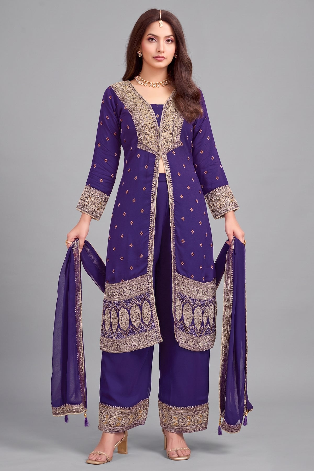 Purple Georgette Slit Cut Suit with Intricate Embroidery - Full View