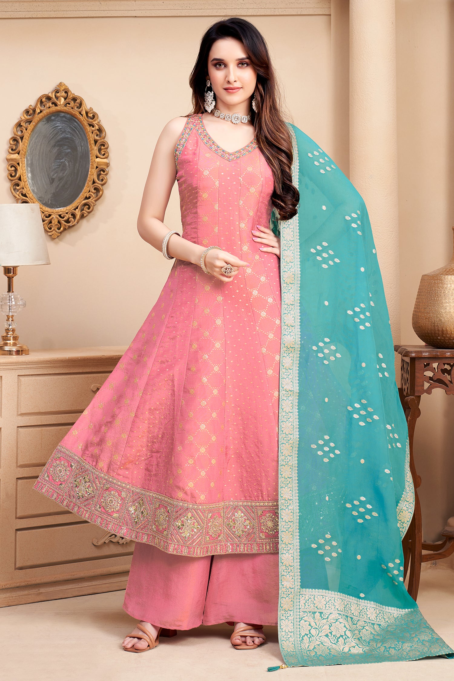 Elegant Light Pink Tissue Woven and Sequin Worked Anarkali Suit for festive wear and weddings.