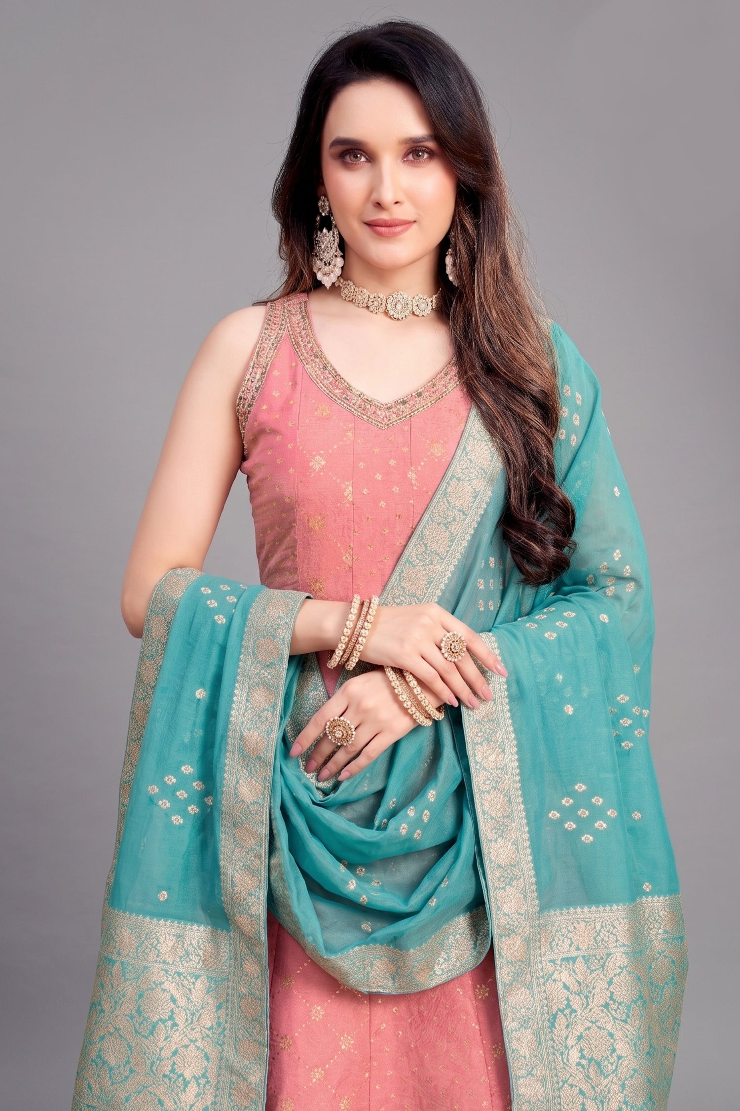 Close-up of Light Pink Tissue Woven and Sequin Worked Anarkali Suit showing intricate sequin detailing.