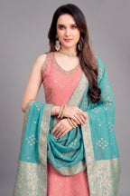 Close-up of Light Pink Tissue Woven and Sequin Worked Anarkali Suit showing intricate sequin detailing.