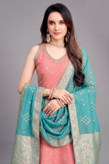 Close-up of Light Pink Tissue Woven and Sequin Worked Anarkali Suit showing intricate sequin detailing.