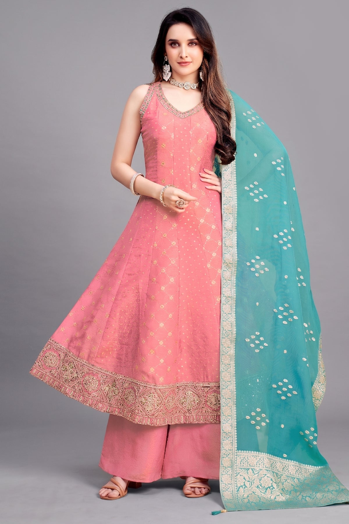 Light Pink Tissue Woven and Sequin Worked Anarkali Suit - Full length front view with matching dupatta.