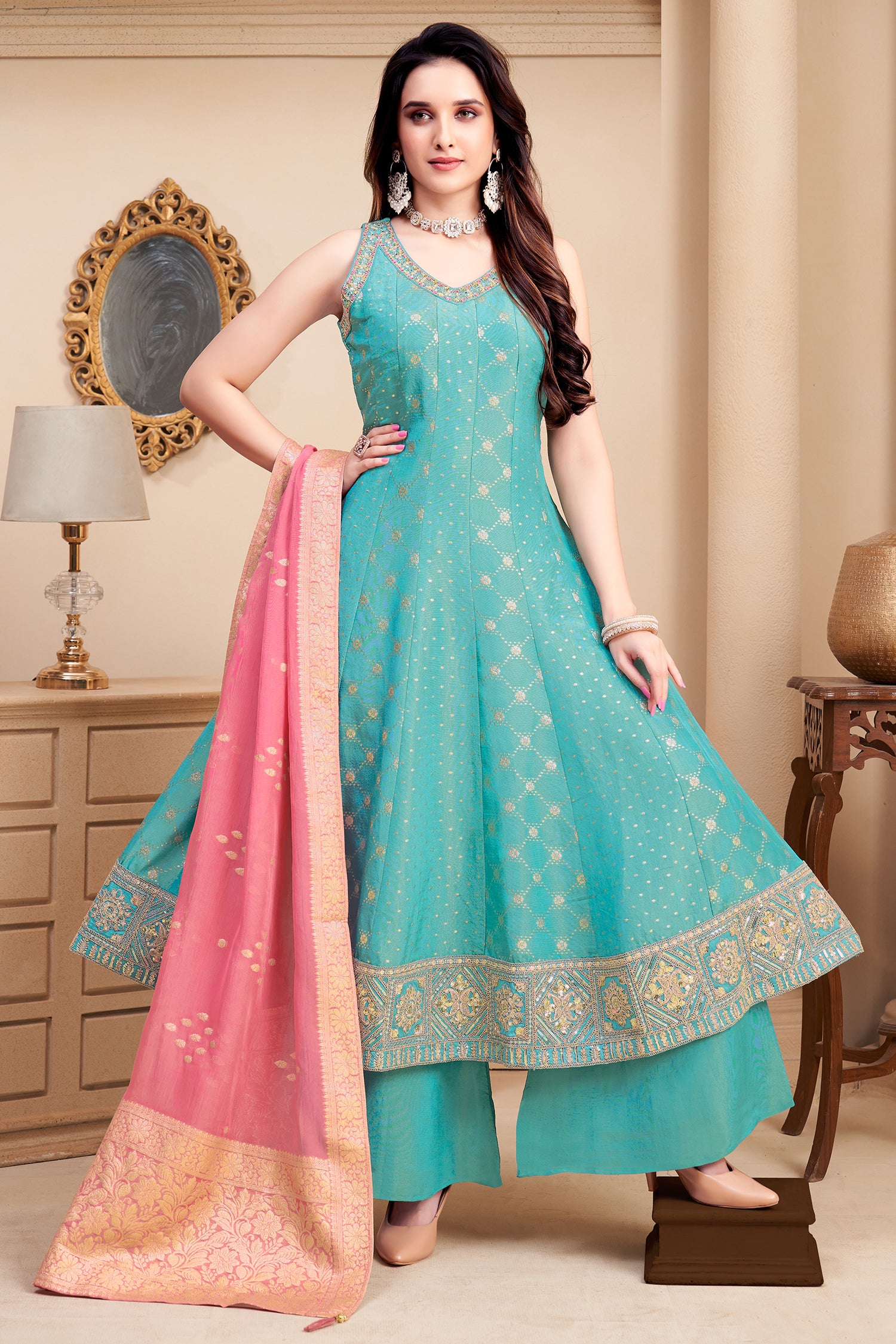 Full designer look of the sky blue tissue anarkali set for weddings and festivals.