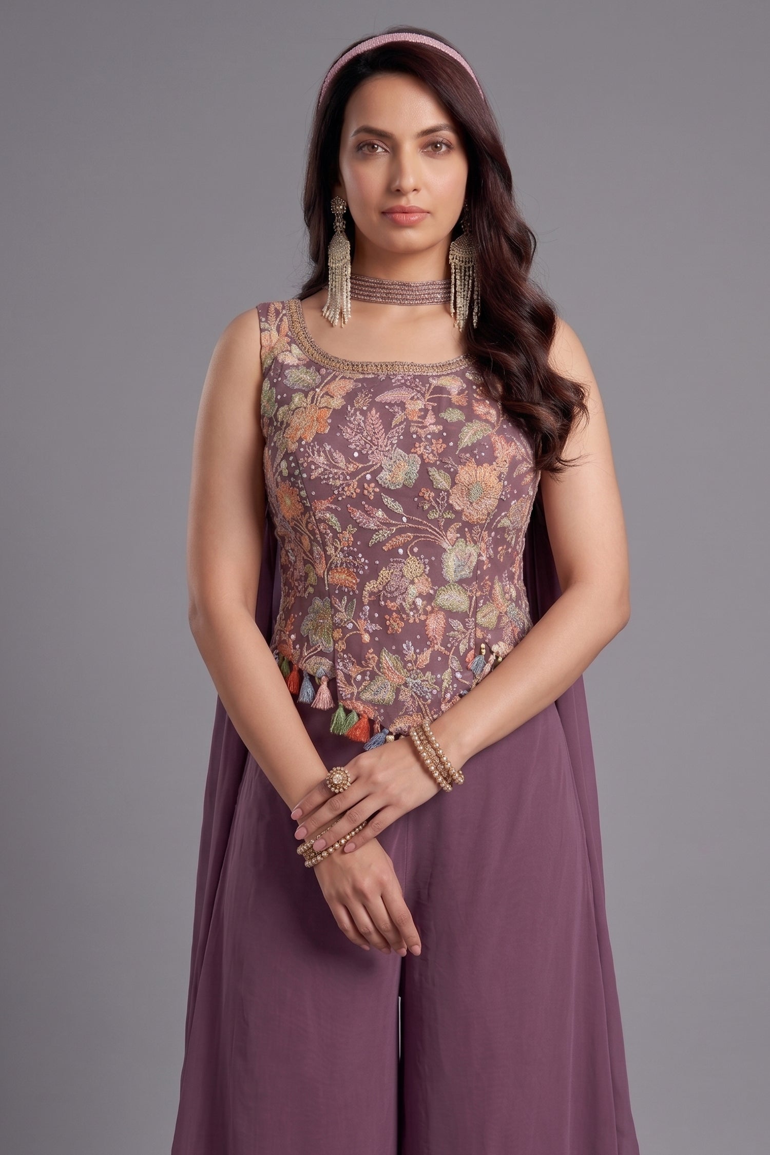 Dusty Plum Purple Palazzo Set showcasing floral printed crop top and palazzo, perfect for stylish summer outfits.