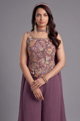 Dusty Plum Purple Palazzo Set showcasing floral printed crop top and palazzo, perfect for stylish summer outfits.