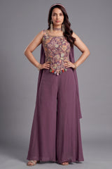 Dusty Plum Purple Palazzo Set with Floral Printed Crop Top - Front View
