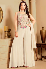 Full look of the designer off-white floral printed palazzo suit with crop top.