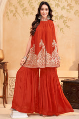Full designer look of the orange georgette sequin embroidered sharara set with dupatta.