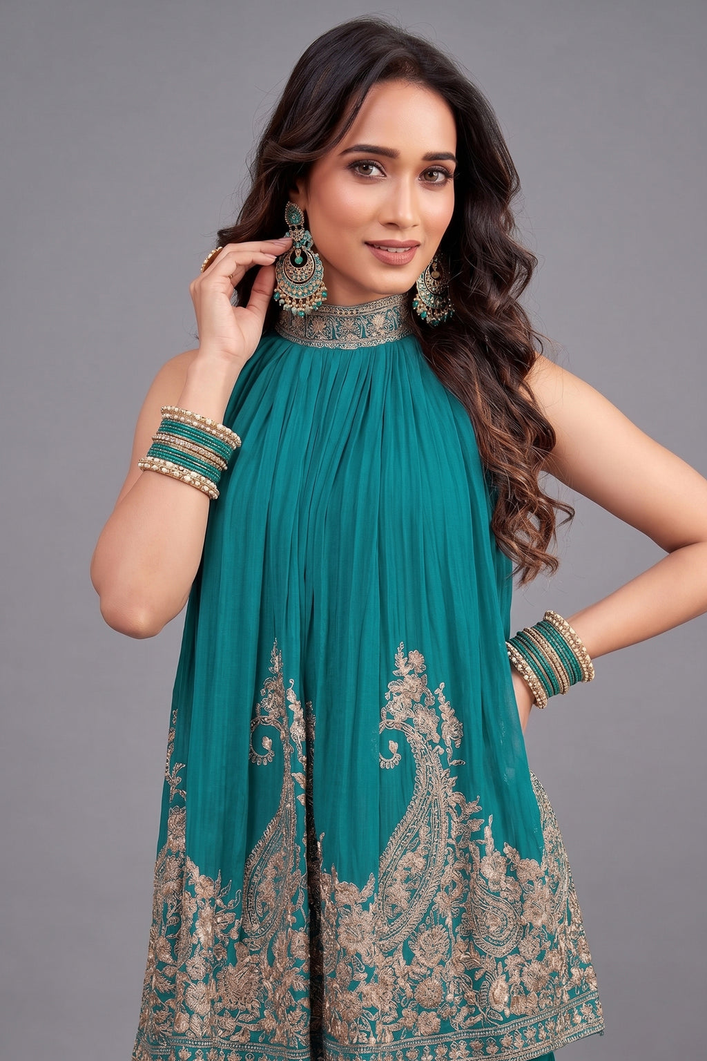 Turquoise Blue Georgette High Neck Sequin Embroidered Sharara Set - red georgette saree embroidered