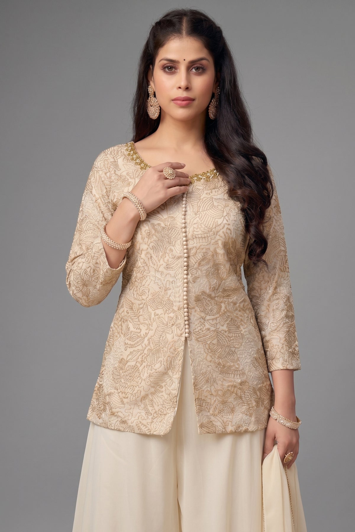Off White Georgette Sequin and Cutdana Worked Palazzo Suit - white georgette saree