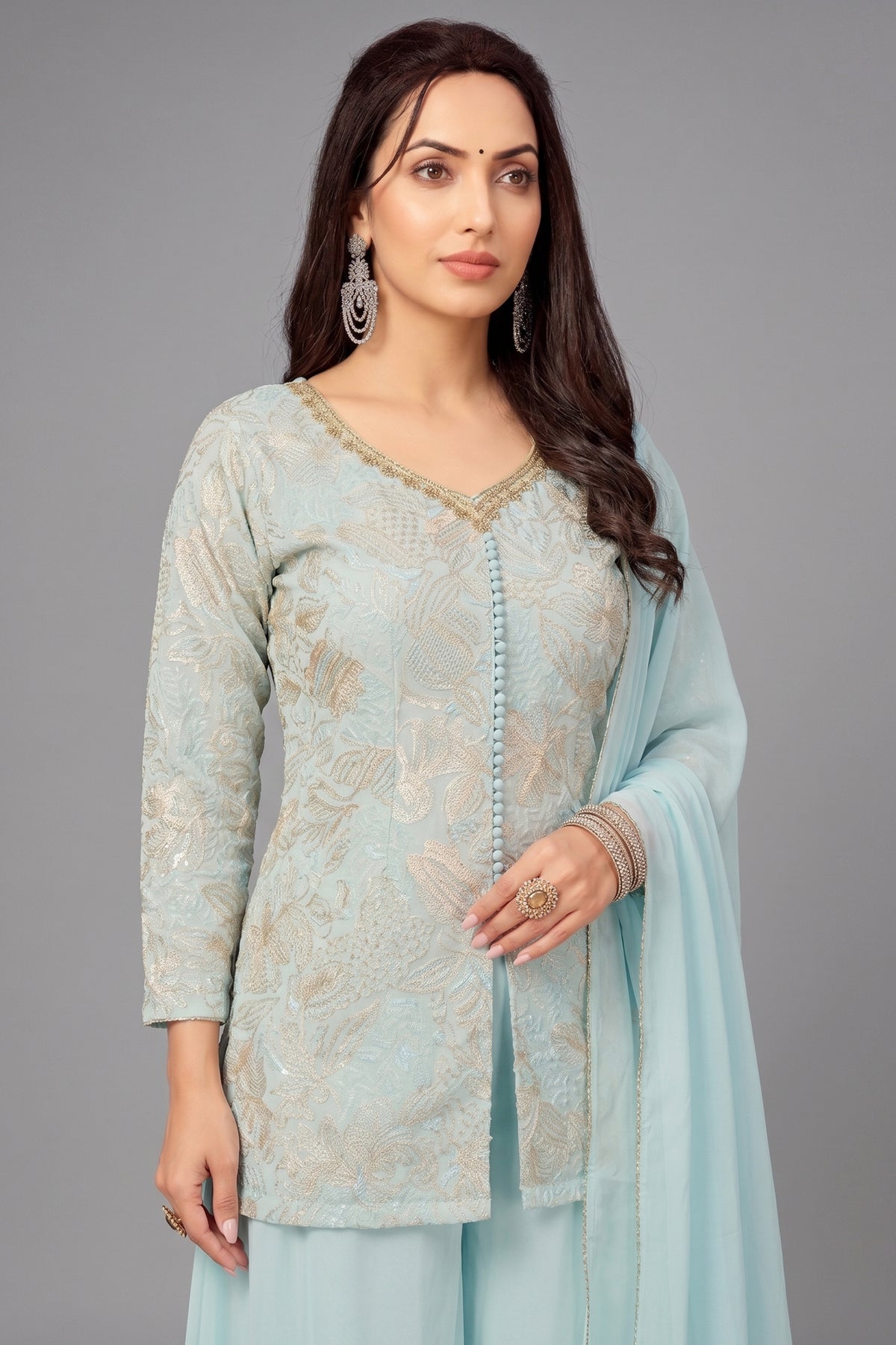 Light Sky Blue Georgette Sequin and Cutdana Worked Palazzo Suit - blue georgette saree