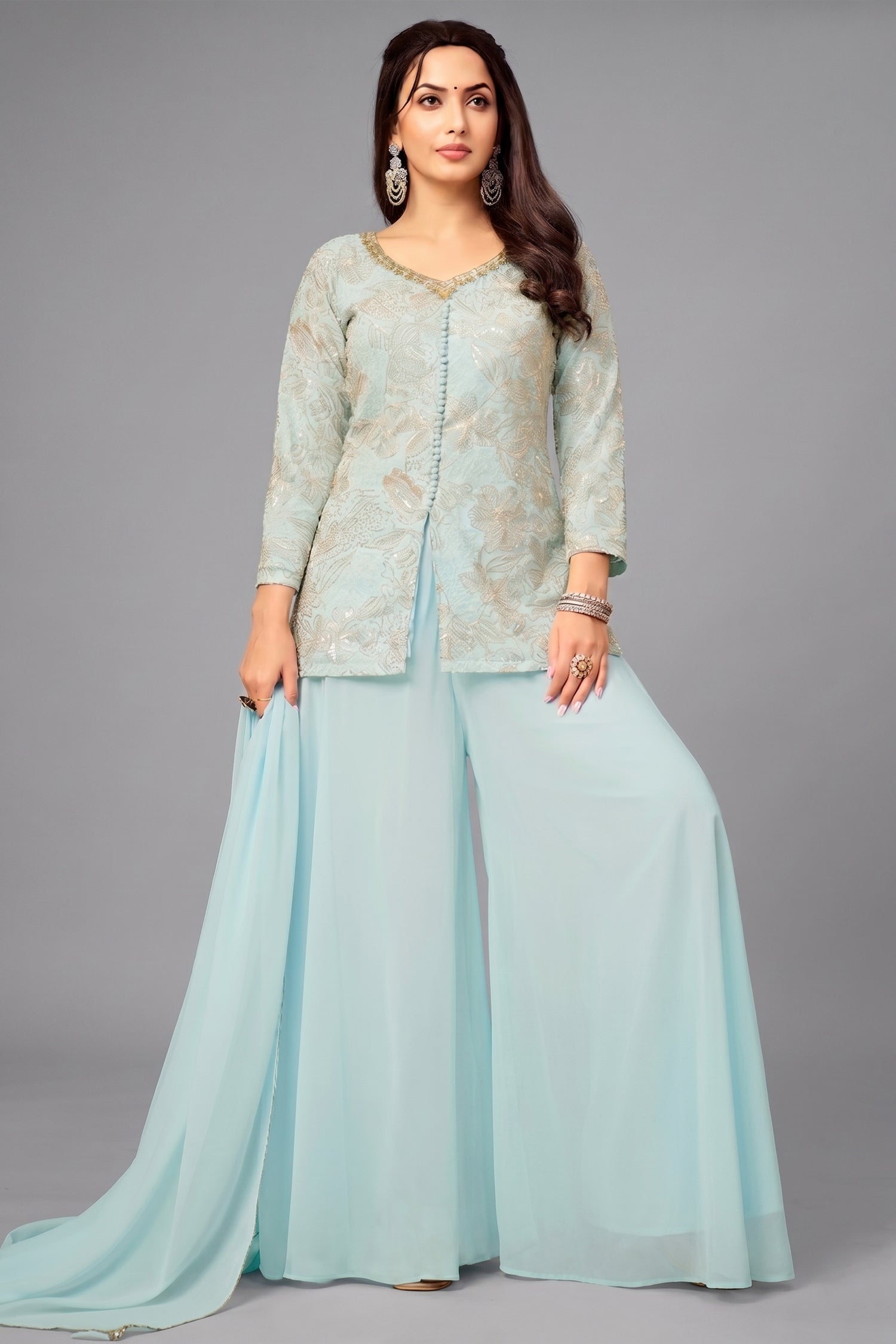 Light Sky Blue Georgette Sequin and Cutdana Worked Palazzo Suit - blue georgette saree