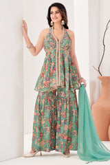 Full look of the designer sea green tissue floral sharara set for occasion wear.