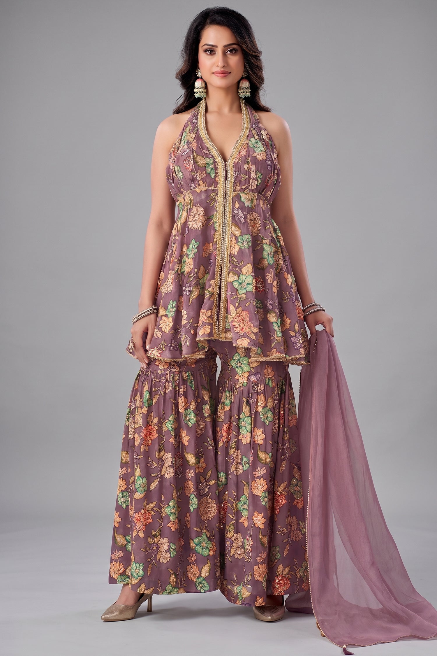 Onion pink tissue floral printed sharara suit with sequin embroidery.