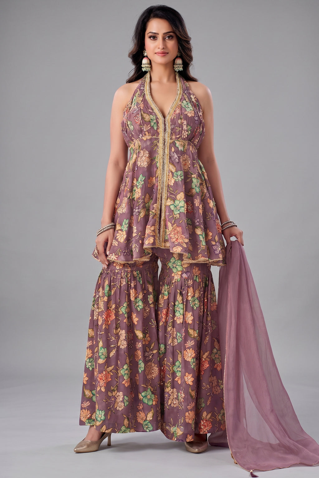 Onion pink tissue floral printed sharara suit with sequin embroidery.