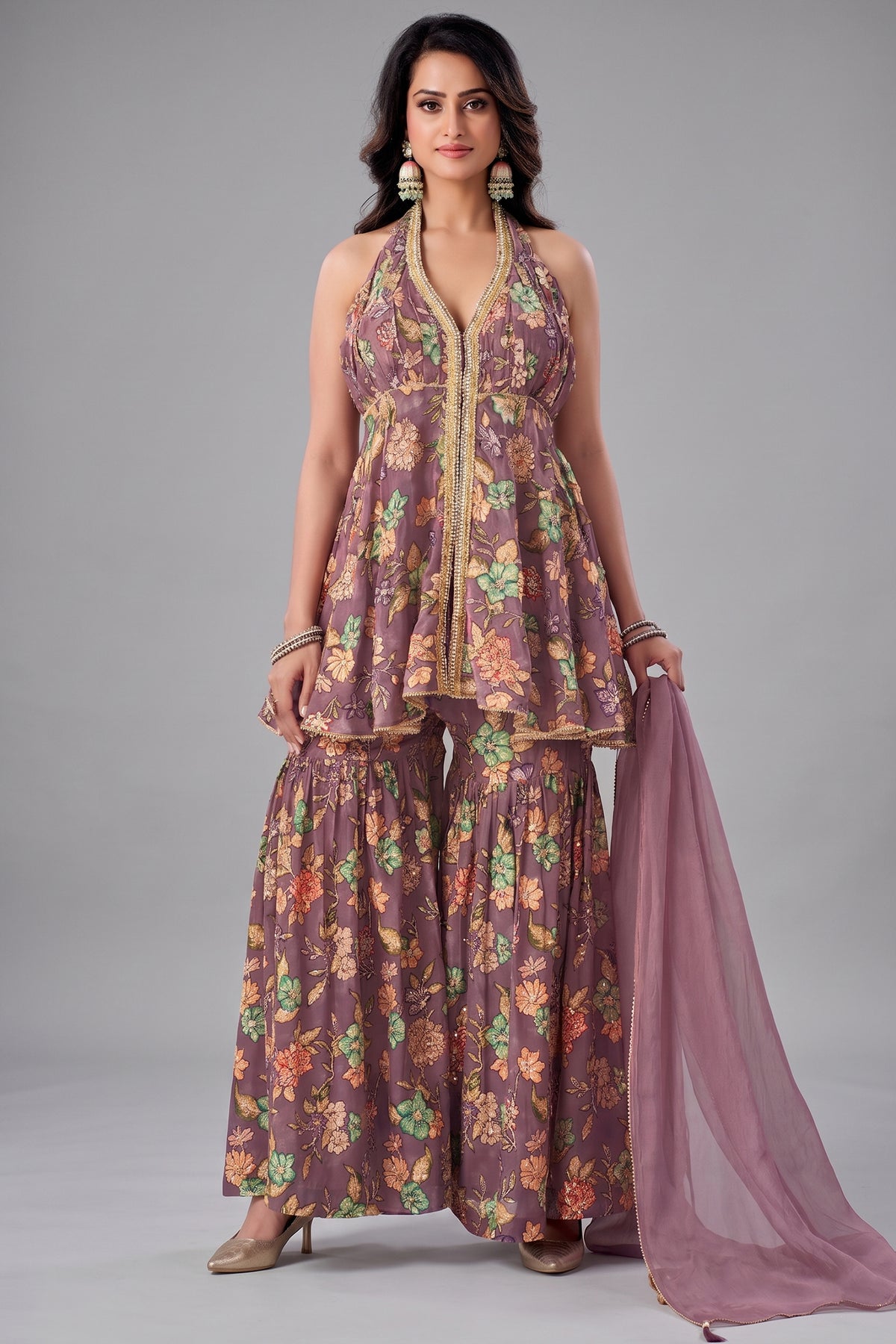 Onion pink tissue floral printed sharara suit with sequin embroidery.