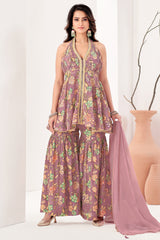 Full view of the designer onion pink sharara set, styled for a wedding look.