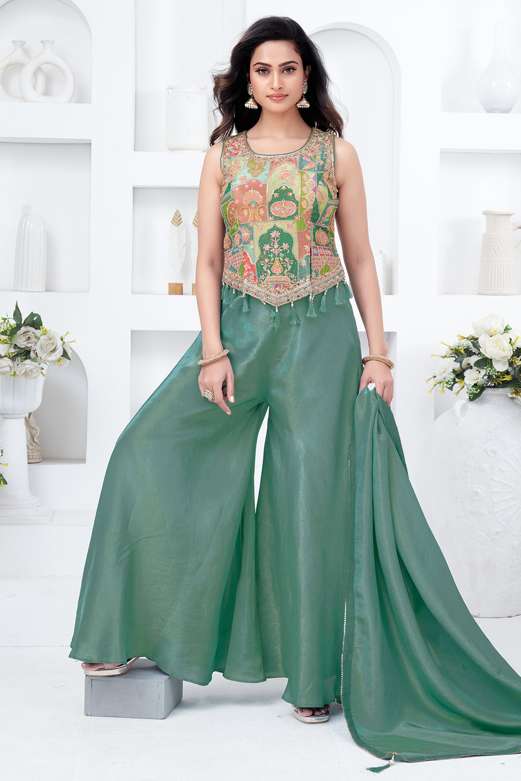 Green Crepe Silk Printed Top and Palazzo Set - green silk saree