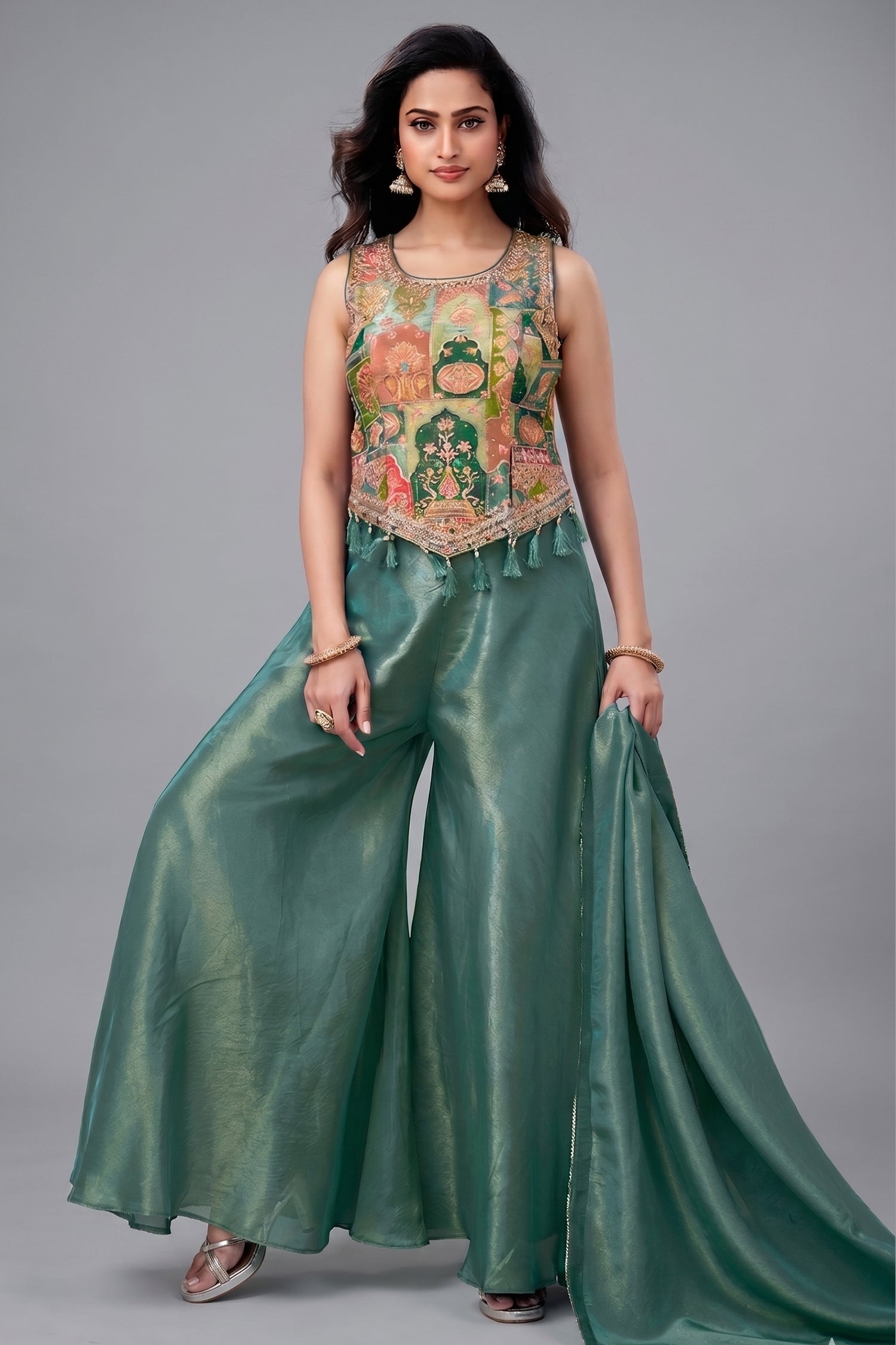 Green crepe silk top and palazzo set with a colorful floral digital print.