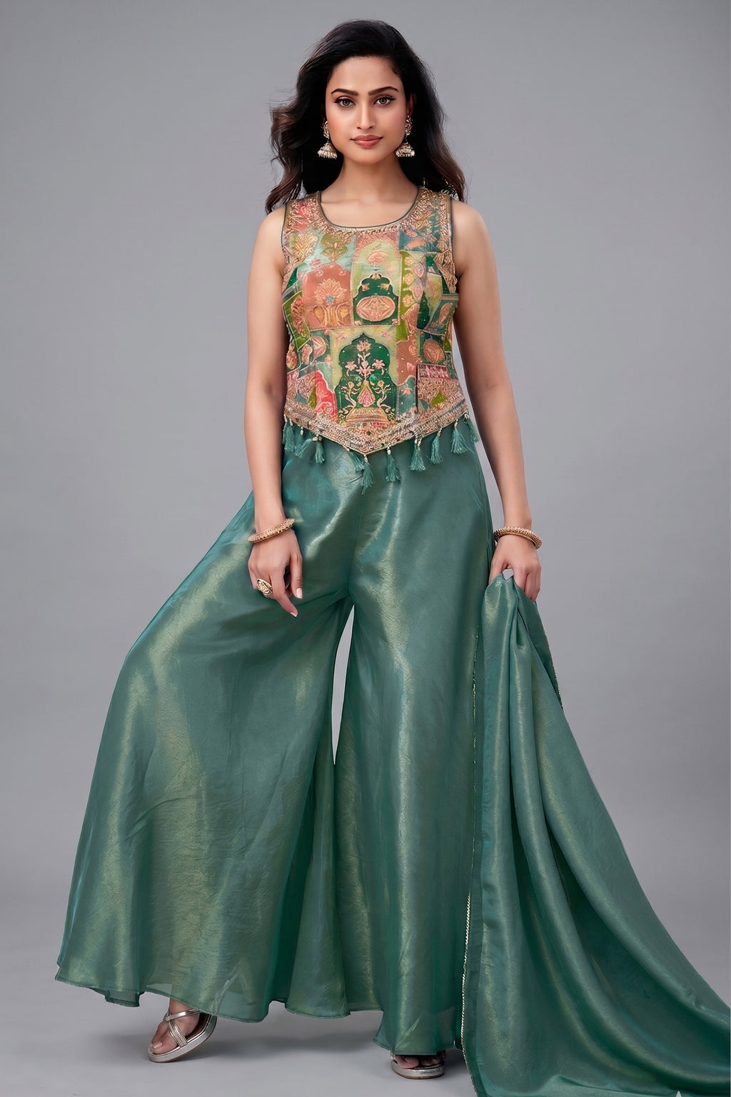 Green crepe silk top and palazzo set with a colorful floral digital print.