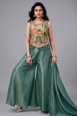 Green crepe silk top and palazzo set with a colorful floral digital print.