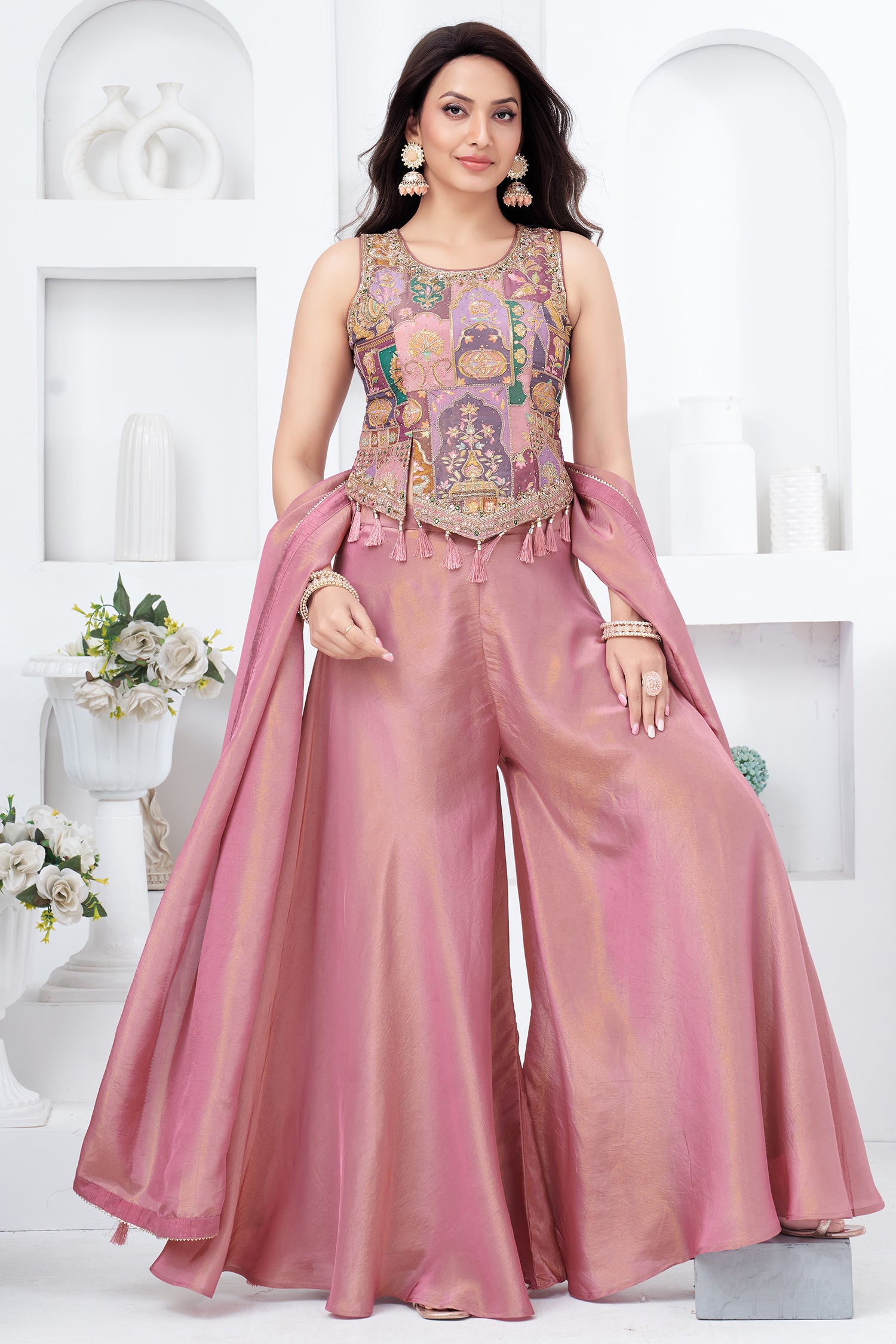 Full look of the designer light onion pink crepe silk ethnic co-ord set.  Action Steps: