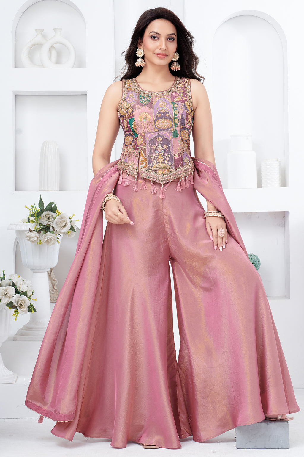 Full look of the designer light onion pink crepe silk ethnic co-ord set.  Action Steps: