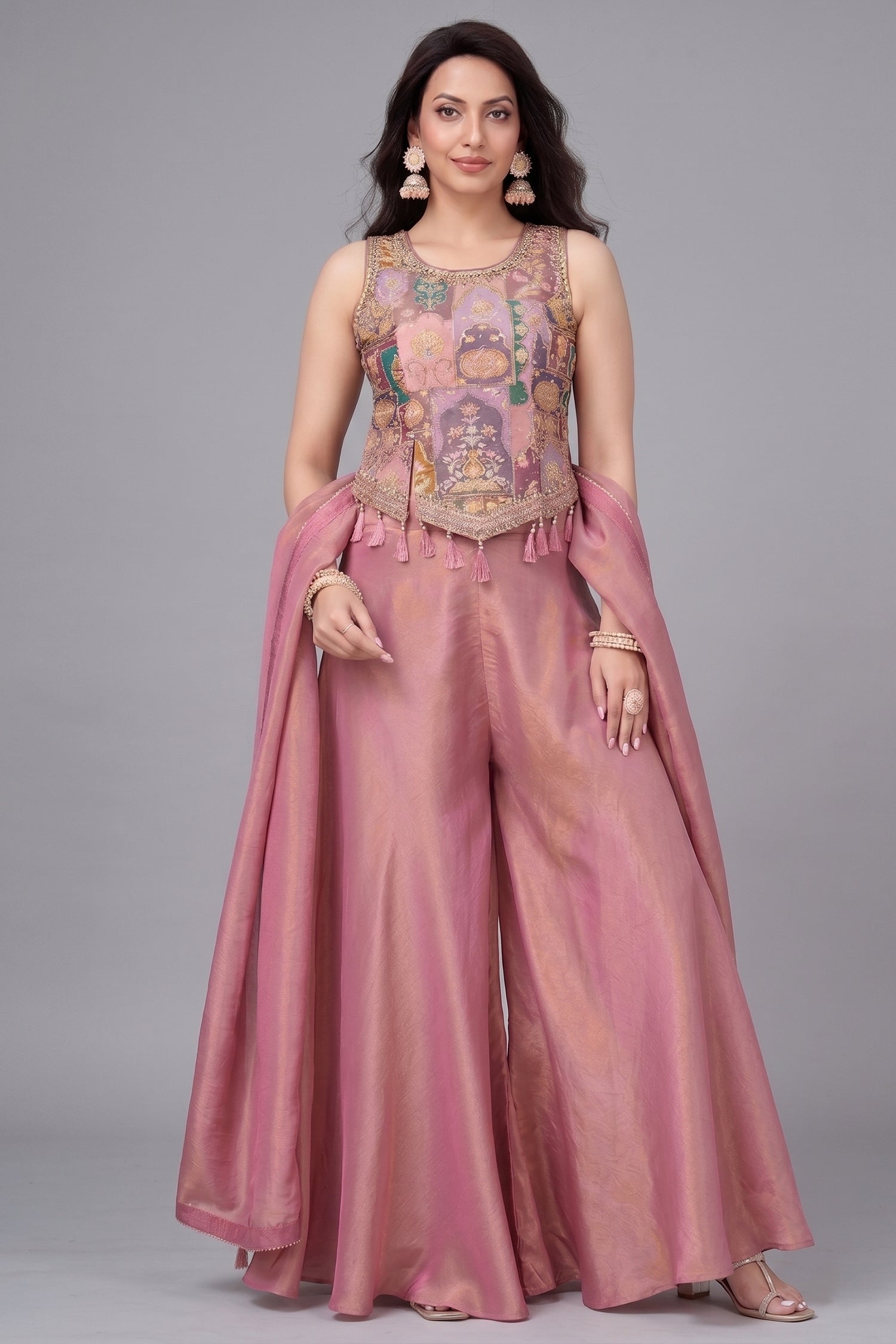 Light onion pink crepe silk top and palazzo set with floral digital print.