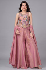 Light onion pink crepe silk top and palazzo set with floral digital print.