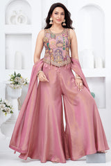 Full look of the designer light onion pink crepe silk ethnic co-ord set.  Action Steps: