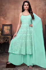 Full-length view of the designer firozi floral anarkali suit for weddings and parties.