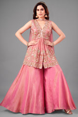 Front view of Pink Tissue Silk Peplum suit with heavy beads and cutdana handwork.