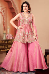 Full look of the designer palazzo suit in pink tissue silk, styled for occasion wear.