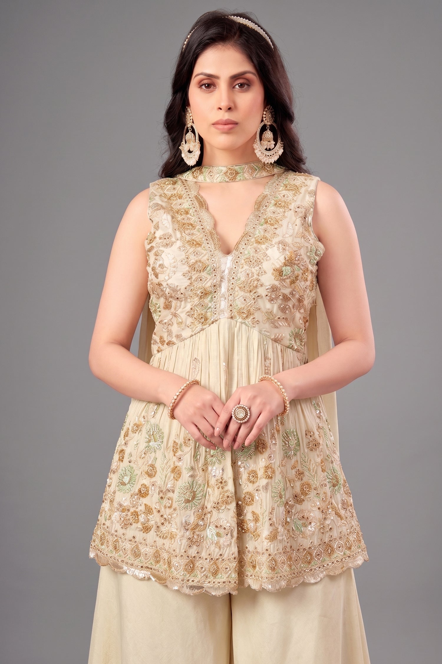 Cream Tissue Silk Beads and Cutdana Worked Peplum Palazzo Suit Secondary image