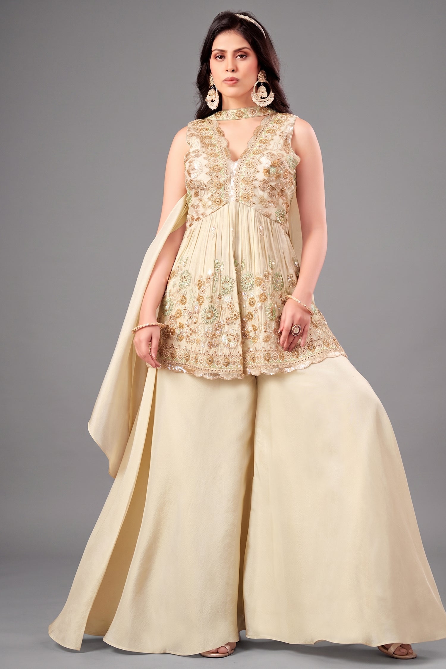 Cream Tissue Silk Beads and Cutdana Worked Peplum Palazzo Suit Main image