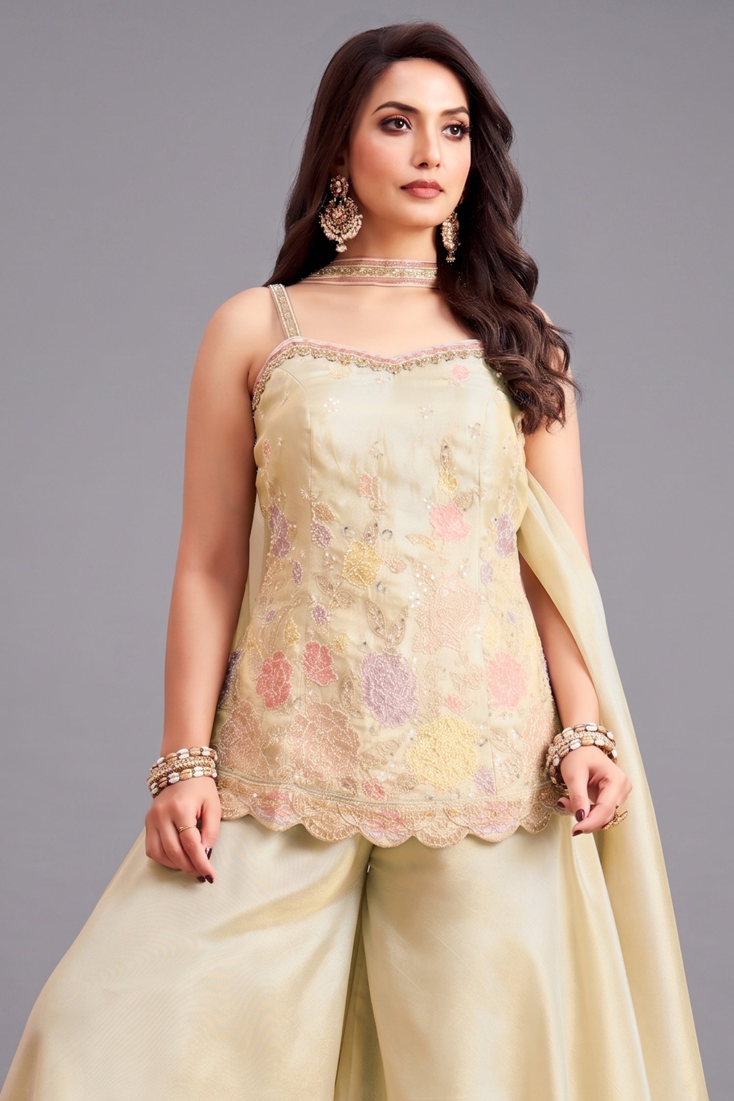 Cream Crepe Silk Beaded Floral Worked Palazzo Suit Secondary image